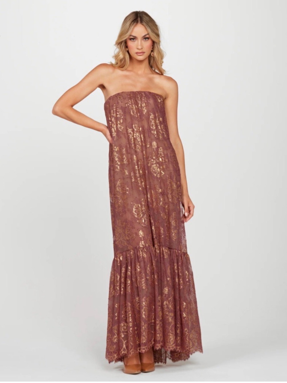 Helsi Cara Strapless Metallic Lace Maxi Dress in Mauve /Gold Size XS Preloved - Picture 2 of 6